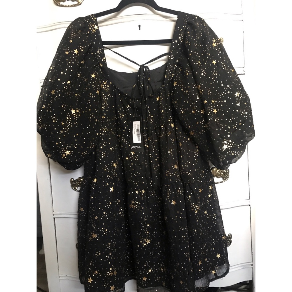 Starry Puff sleeve mini smock dress